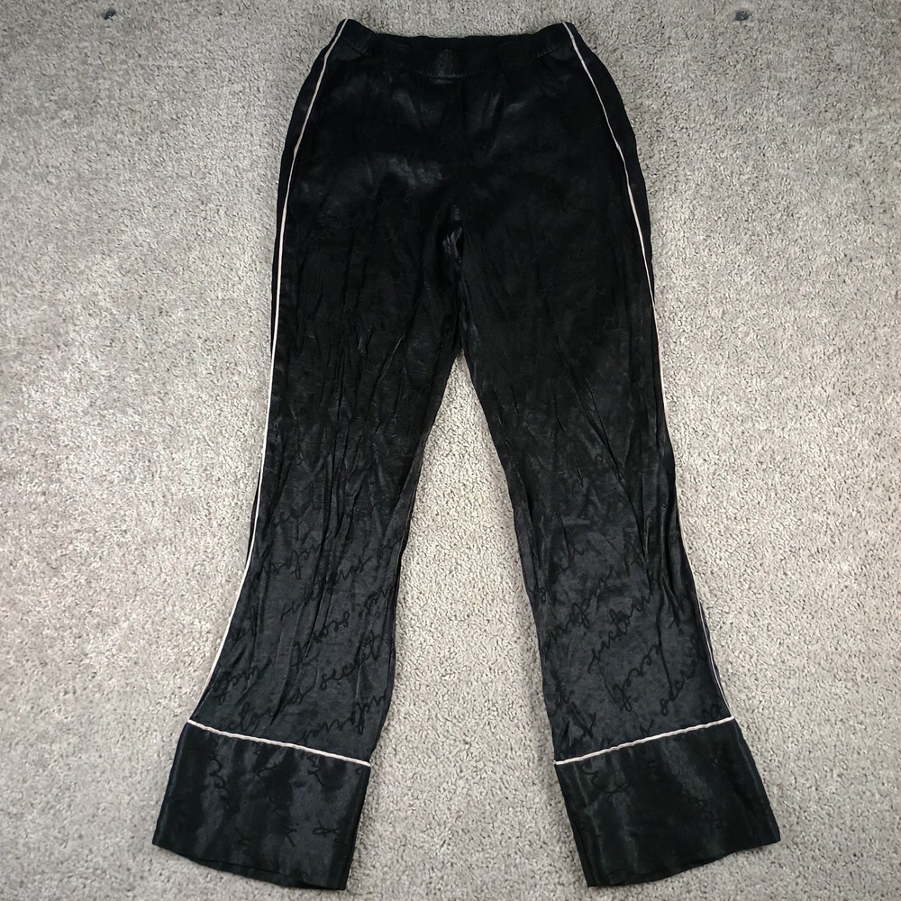 Victoria's Secret Black Satin Pajama Pants XS Script Jacquard Logo White Piping